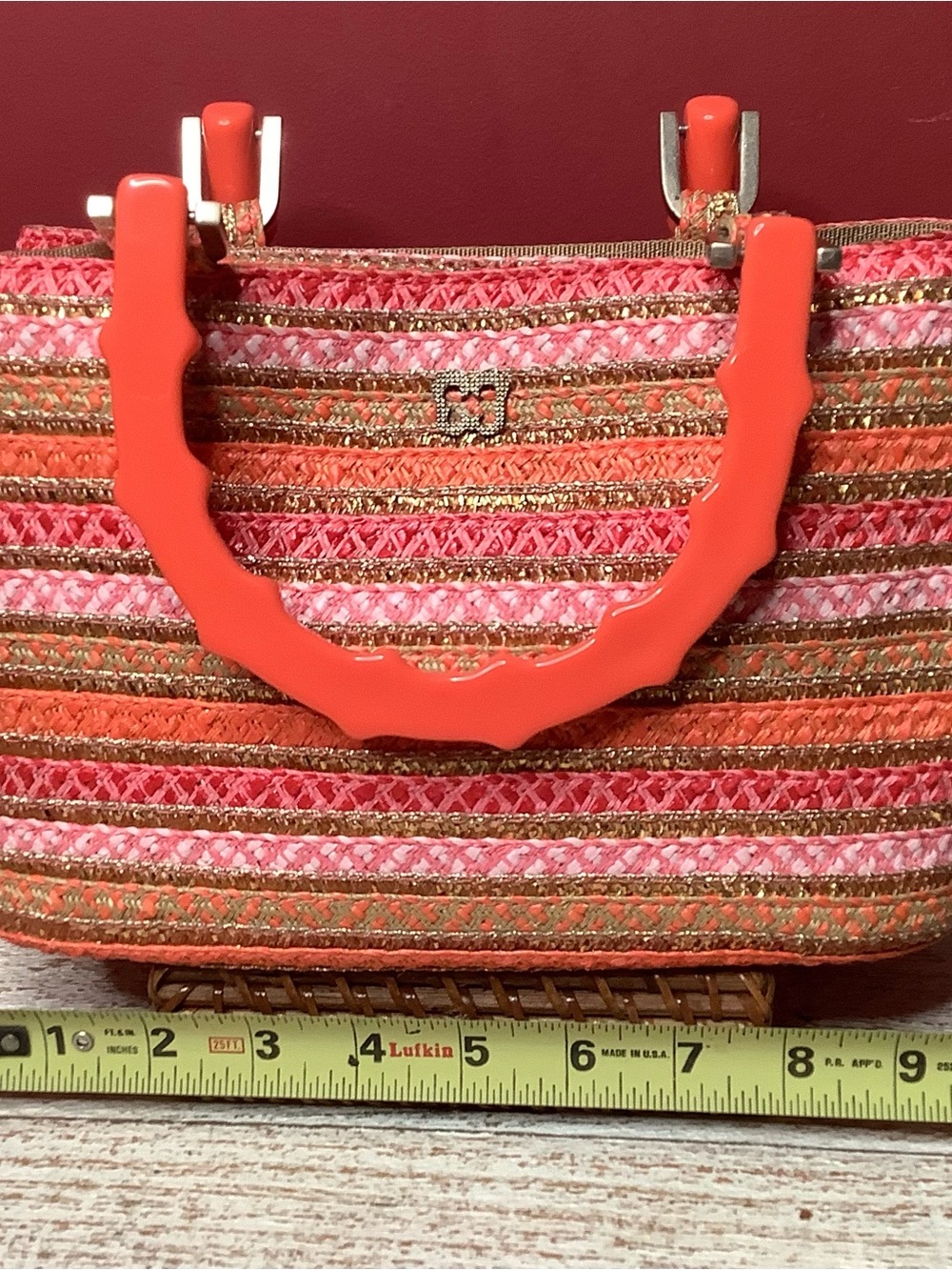 Eric Javits LEILA Coral Pink Striped Woven Satchel Crossbody Bamboo Handle Bag - Picture 9 of 16